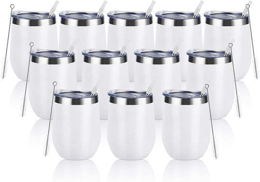 12 Pack Stainless Steel Wine Tumblers, 12Oz Double Wall Vacuum Insulated Wine Tumblers with Lids and Straws, Stainless Steel Stemless Wine Glasses for Coffee, Wine, Cocktails, Champaign, White…