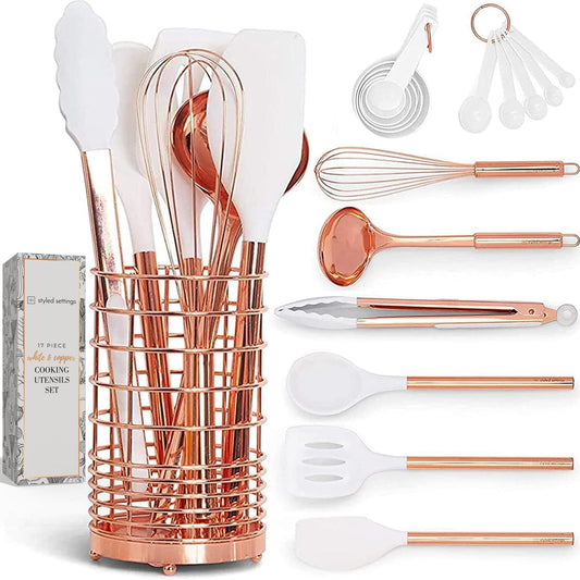 White Silicone & Copper Kitchen Utensils Set with Holder - 17 PC Rose Gold Kitchen Utensils Set Includes White & Copper Measuring Cups and Spoons & Copper Utensil Holder - Copper Kitchen Accessories